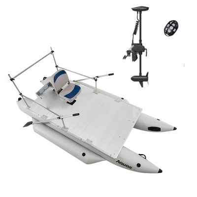 AQUOS Heavy-Duty 12.5ft Inflatable Pontoon Boat with Guard Bar, Folding Seat and Haswing 2.4G Remote 12V 55LBS 39Inch Transom Trolling Motor for Fishing