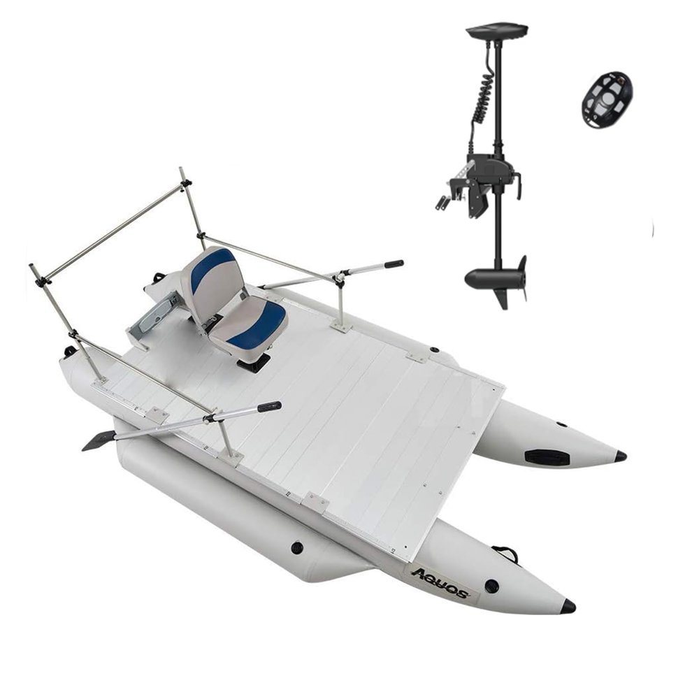 AQUOS Heavy-Duty 12.5ft Inflatable Pontoon Boat with Guard Bar, Folding Seat and Haswing 2.4G Remote 12V 55LBS 39Inch Transom Trolling Motor for Fishing