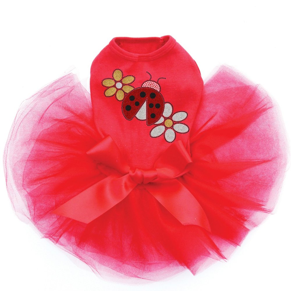 Dog in the Closet Glitter Ladybug & Daisies - Bling Rhinestone Tutu Dress, XS Red
