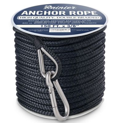 RainierSupplyCo Boat Anchor Rope - Double Braided Marine Rope Anchor Line - 150 ft x 3/8 Inch Nylon Boating Line with 316 Stainless Steel Thimble and Heavy Duty Marine Grade Bow Shackle - Black