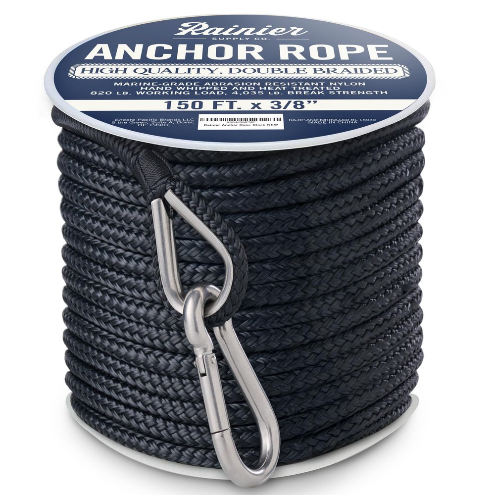 RainierSupplyCo Boat Anchor Rope - Double Braided Marine Rope Anchor Line - 150 ft x 3/8 Inch Nylon Boating Line with 316 Stainless Steel Thimble and Heavy Duty Marine Grade Bow Shackle - Black