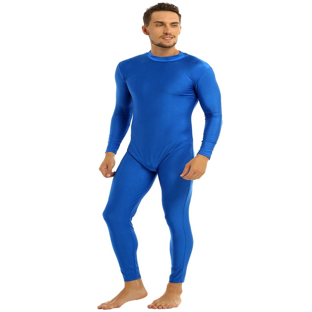 ACSUSS Mens Mock Neck Long Sleeve Skin-Tight Solid Color Workout Fitness Jumpsuit Unitard Bodysuit Blue Large