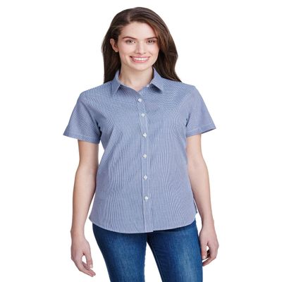 Ladies' Microcheck Gingham Short-Sleeve Cotton Shirt XL NAVY/ WHITE