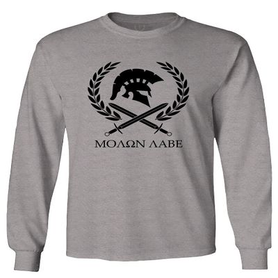 0143. Spartan Molon Labe Military Patriotic Greek Helment Graphic Men's Long Sleeve t Shirt (Light Gray Large)