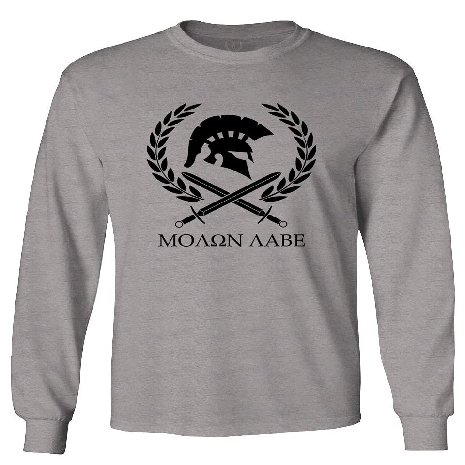 0143. Spartan Molon Labe Military Patriotic Greek Helment Graphic Men's Long Sleeve t Shirt (Light Gray Large)