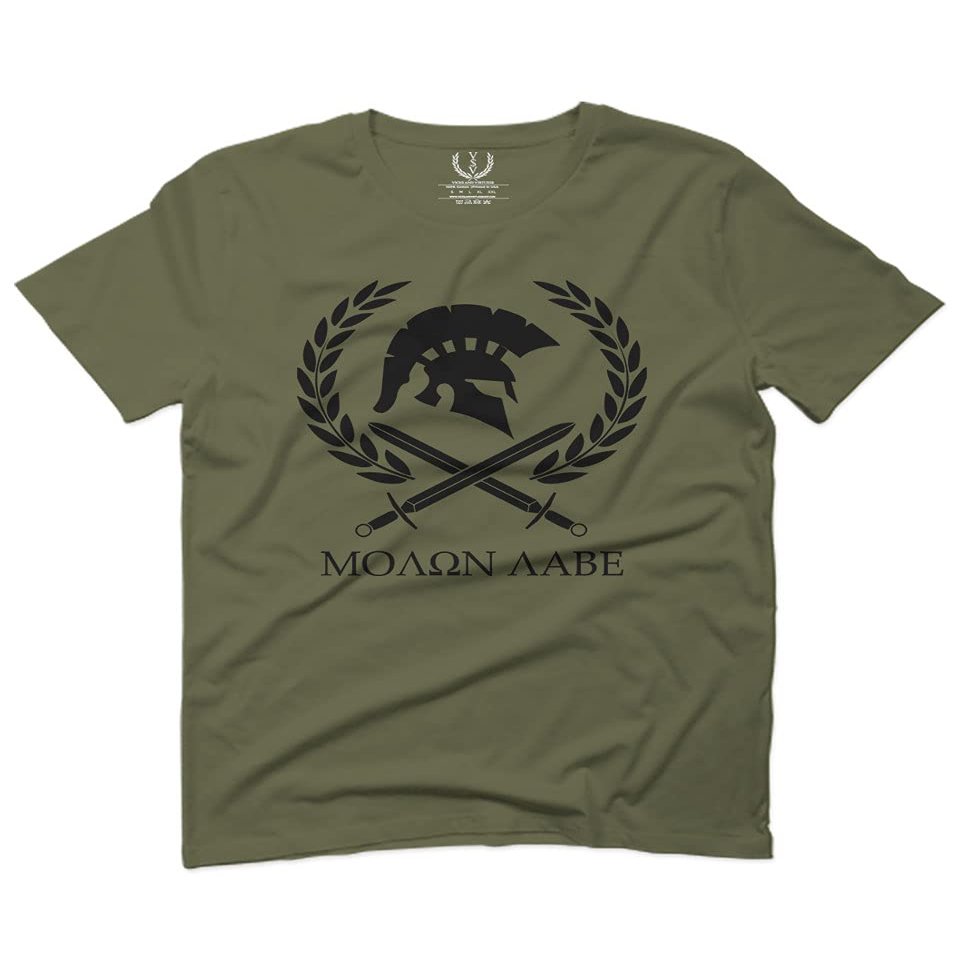 0143. Spartan Molon Labe Military Patriotic Greek Helment Graphic for Men T Shirt (Olive Green, 2X-Large)