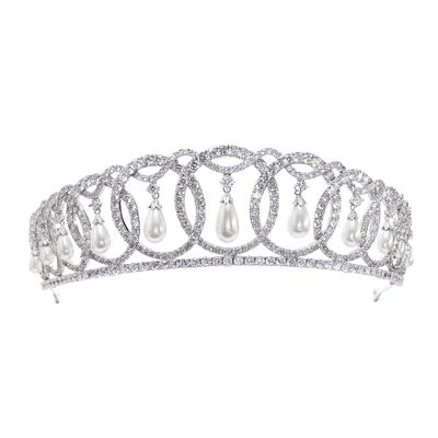 Zirconia Vladimir Tiara for Women, Royal Inspired Crown with Interlocking Diamond Circles & Shell Pearl Drops, 5A Cubic Zirconia Rhodium Plated Headpiece for Bride Wedding Prom Evening Party CH10223