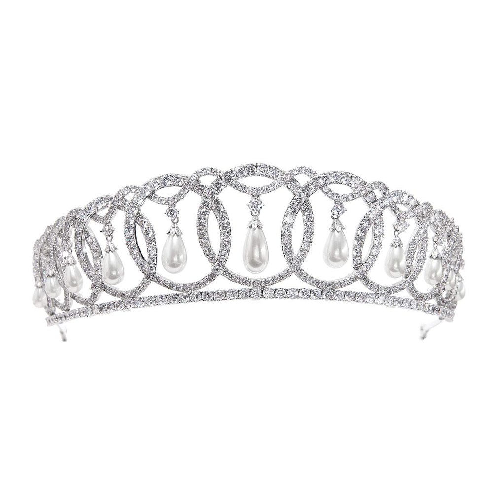 Zirconia Vladimir Tiara for Women, Royal Inspired Crown with Interlocking Diamond Circles & Shell Pearl Drops, 5A Cubic Zirconia Rhodium Plated Headpiece for Bride Wedding Prom Evening Party CH10223