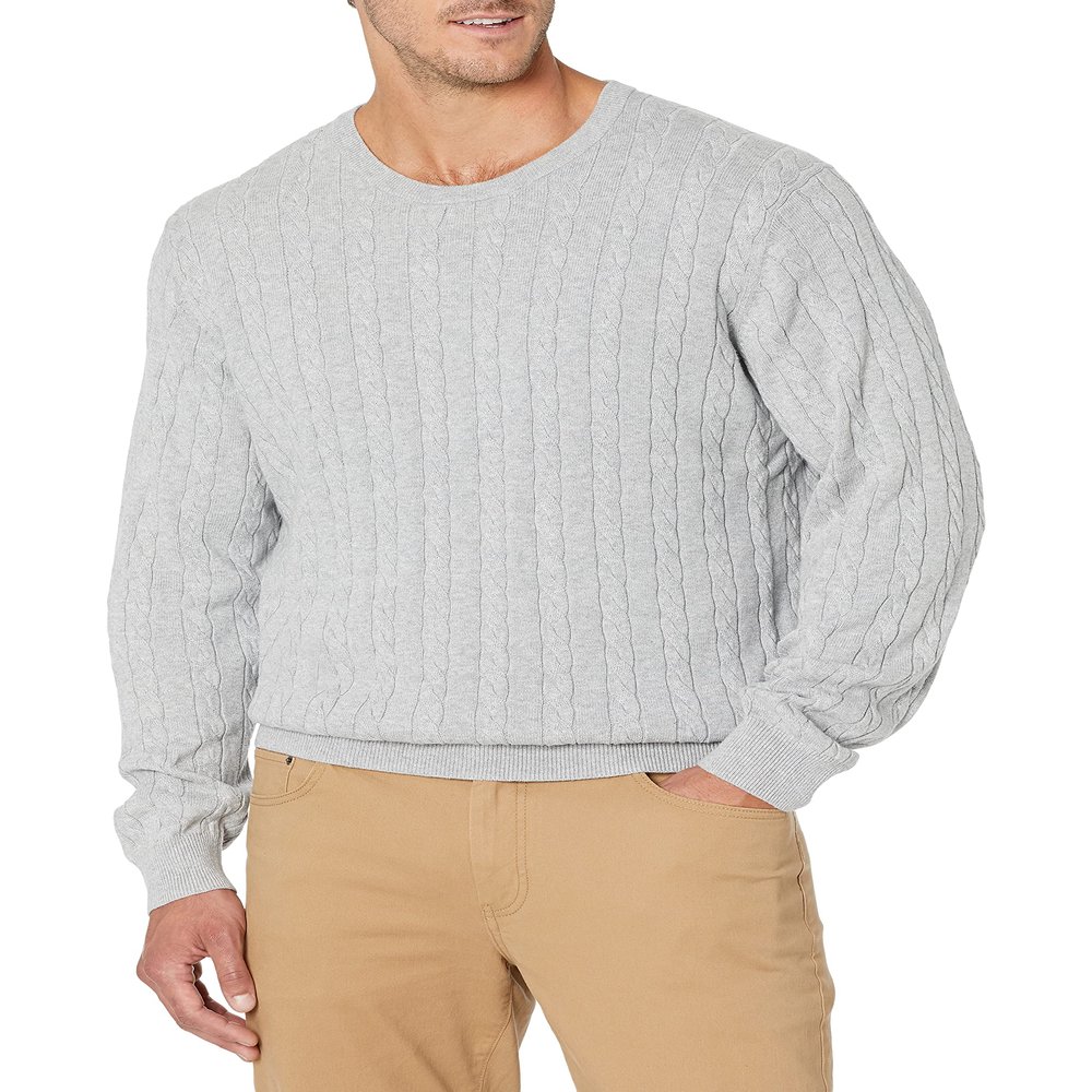 Amazon Essentials Men's Crewneck Cable Cotton Pullover Sweater, Light Grey Heather, X-Small