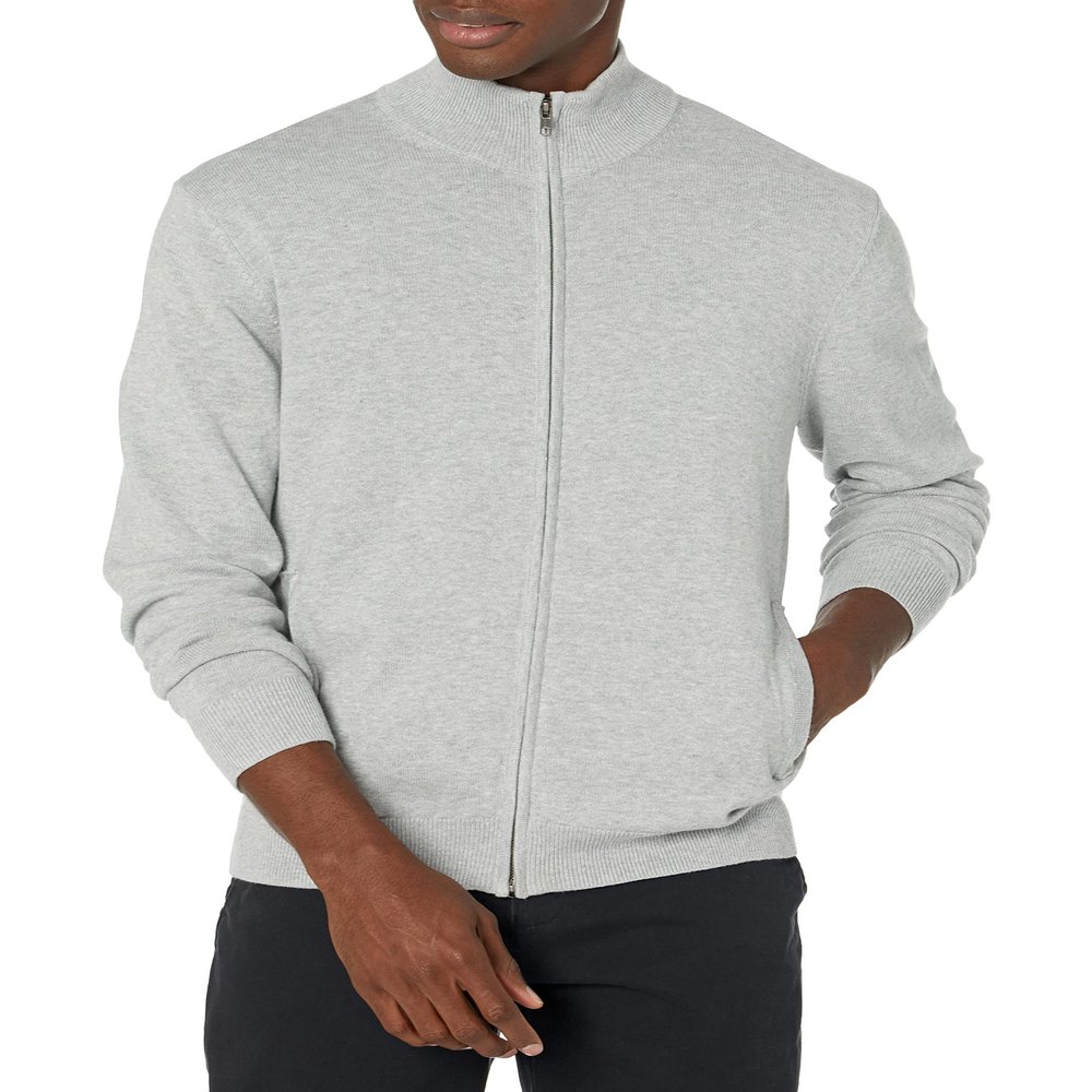 Amazon Essentials Men's Full-Zip Cotton Sweater, Light Grey Heather, X-Small