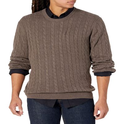 Amazon Essentials Men's Crewneck Cable Cotton Pullover Sweater, Brown Heather, Large