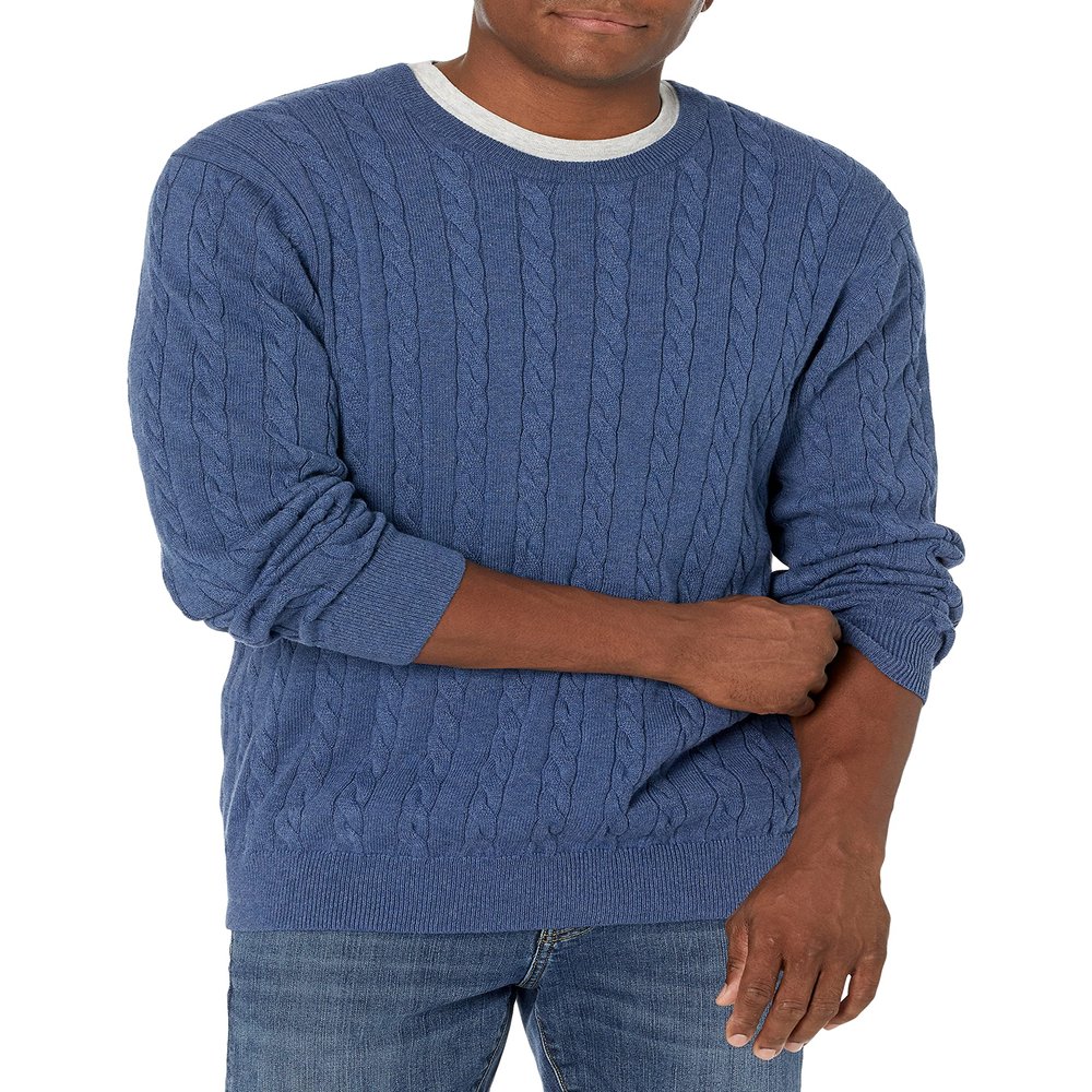 Amazon Essentials Men's Crewneck Cable Cotton Pullover Sweater, Blue Heather, Medium