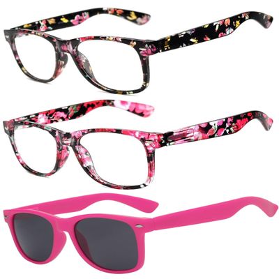 OWL 3 Pack Kids Sunglasses & Clear Lens Glasses Pink & Floral Frames UV400 Protection Toddler Sunglasses for Girls