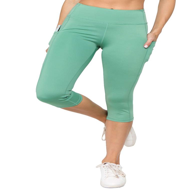 YELETE Side Pocket Performance Capri Leggings Dusty Jade Color Size M
