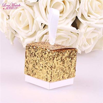 ShineBear 25pcs Glitter Paper Gift Box Wedding Party Favor Candy Box Wedding Supplies Paper Chocolate Box with Ribbons Party Decoration - (Color: Gloden, Gift Box Size: 5x5x5cm)