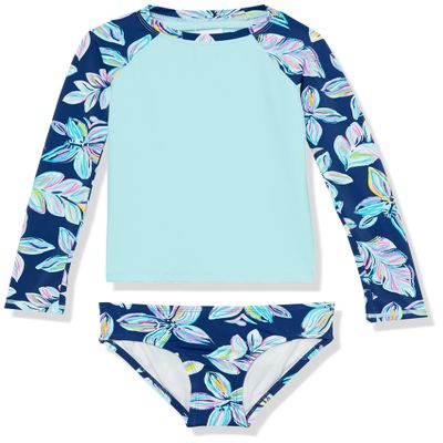 Kanu Surf Girls' Long Sleeve Rashguard UPF 50+ Two Piece Swim Set, Charlotte Navy, 3T