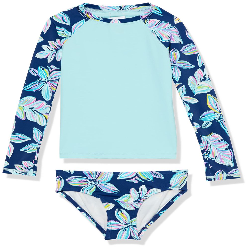 Kanu Surf Girls' Long Sleeve Rashguard UPF 50+ Two Piece Swim Set, Charlotte Navy, 3T
