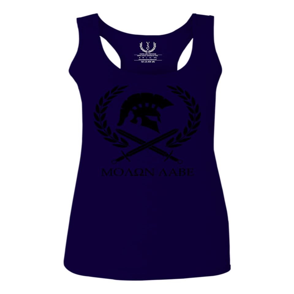 0143. Spartan Molon Labe Military Patriotic Greek Helment Graphic Women's Tank Top Racerback (Navy Blue, Large)