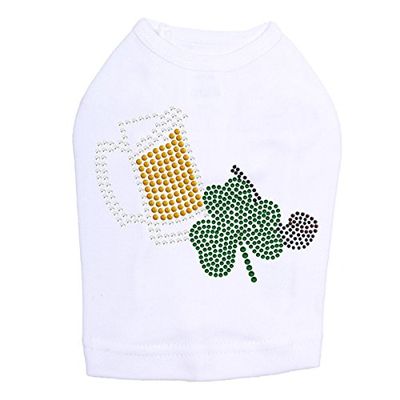 Beer Mug, Clover, & Pipe - Bling Rhinestone St Patrick Day Dog Shirt, XL White