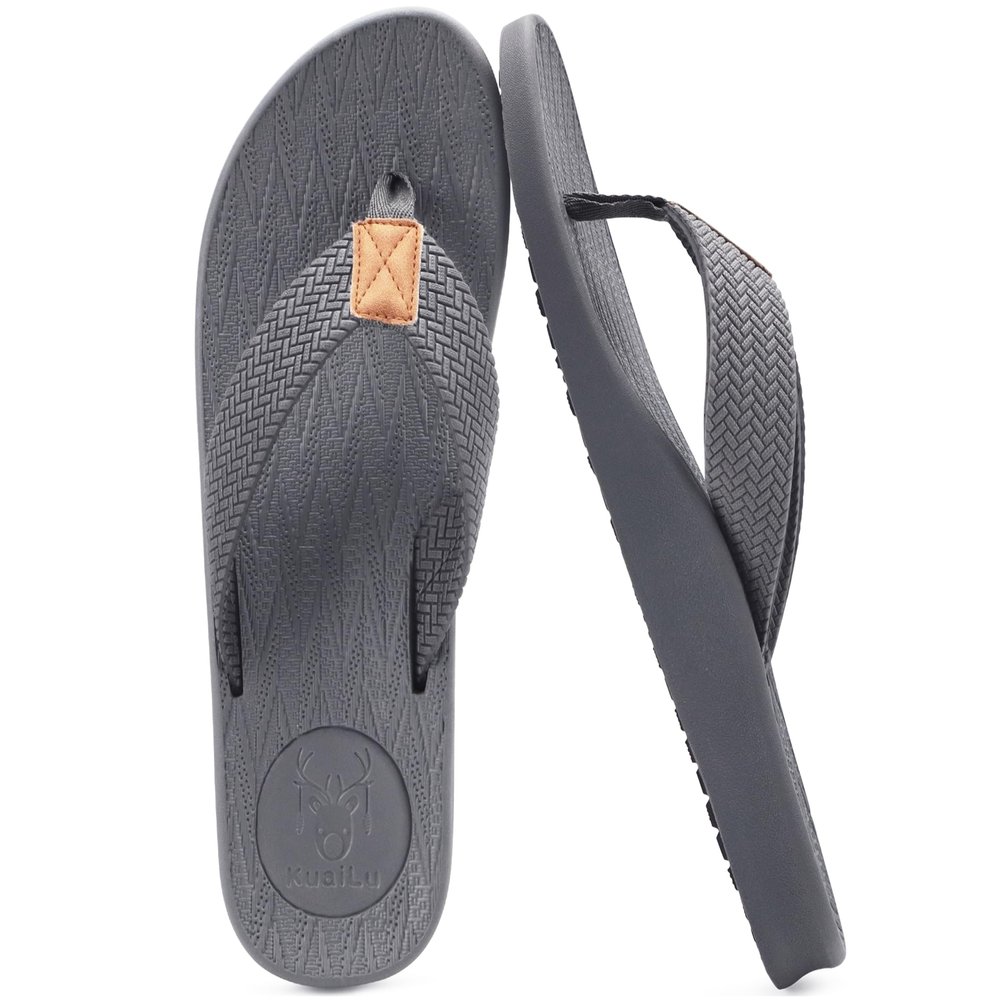 KuaiLu Mens Flip Flops Arch Support Comfortable Cushion Memory Foam Recovery Walking Waterproof Leather Thong Sandals Orthotic Plantar Fasciitis Summer Casual Beach Pool Slip on Slippers Grey Size 12