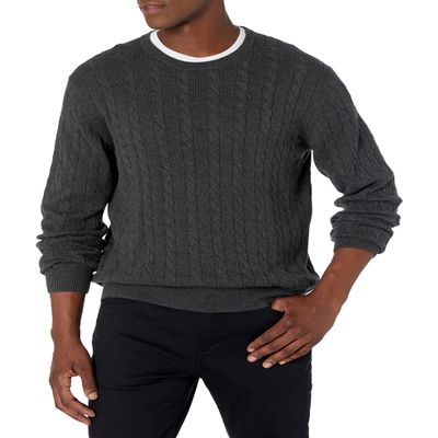 Amazon Essentials Men's Crewneck Cable Cotton Sweater, Charcoal Heather, Small