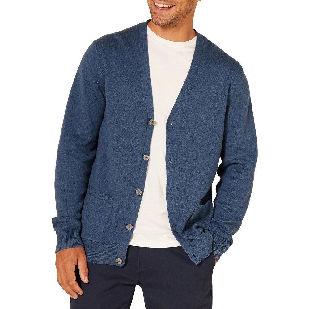 Amazon Essentials Men's Cotton Cardigan Sweater, -Blue Heather, X-Large