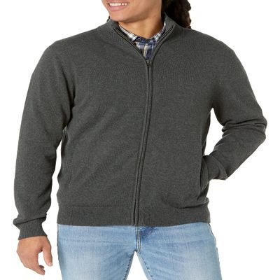 Amazon Essentials Men's Full-Zip Cotton Sweater, Charcoal Heather, Large