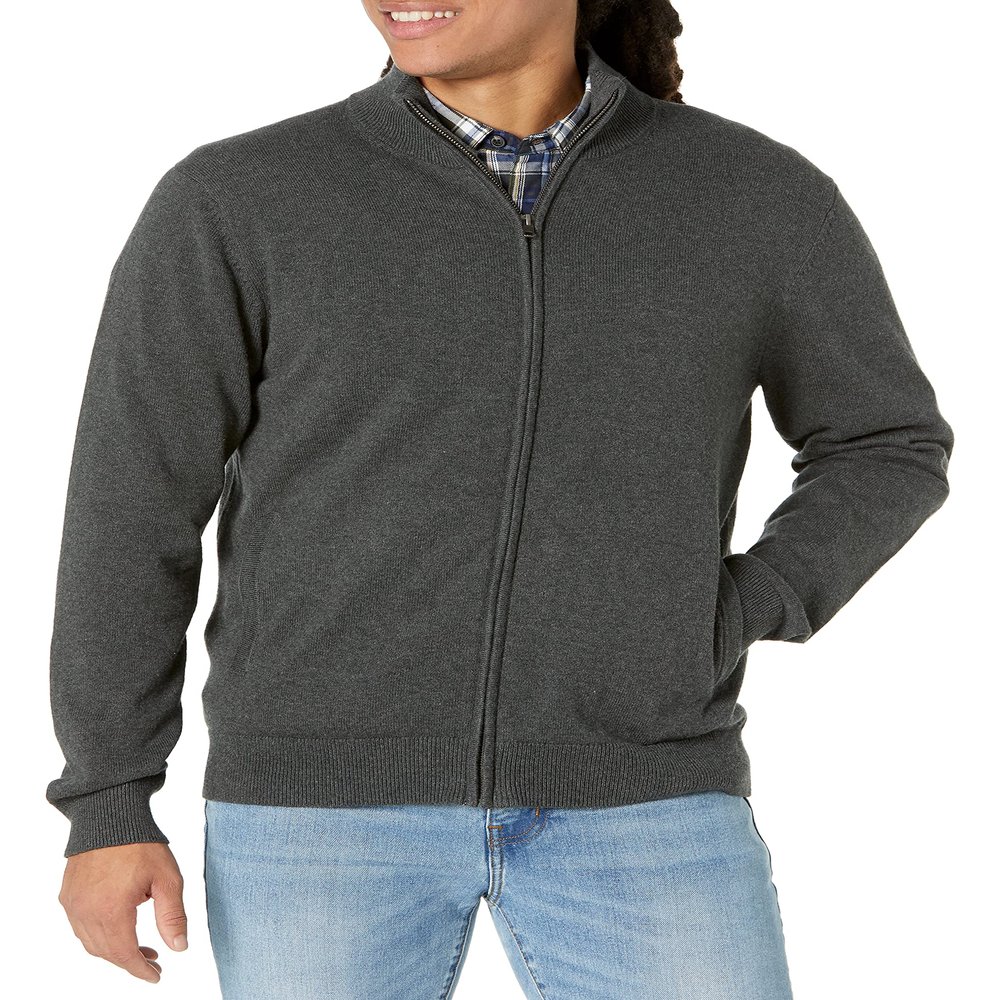 Amazon Essentials Men's Full-Zip Cotton Sweater, Charcoal Heather, Large