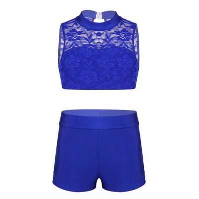 dPois Kids Girls 2 Piece Dance Outfit Floral Lace Tank Dance Crop Top Bra and Ballet Shorts Gymnastics Boyshorts Set Blue 12-14