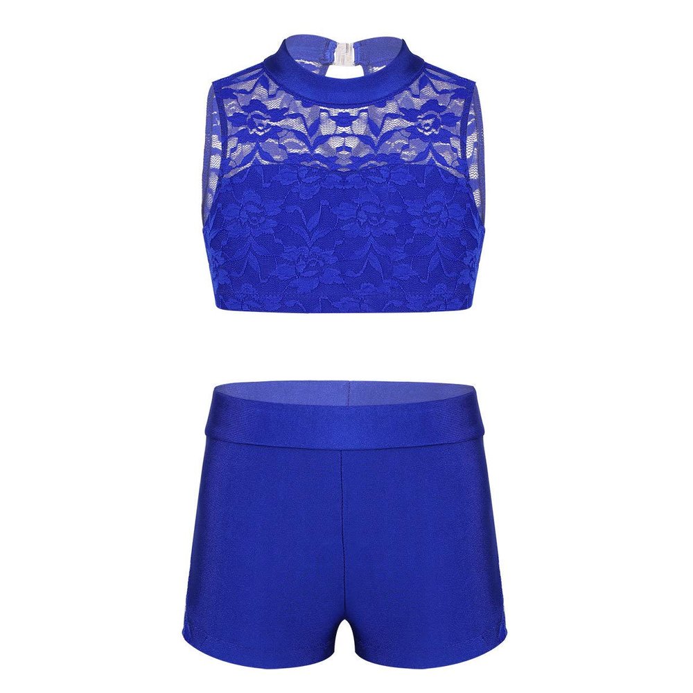 dPois Kids Girls 2 Piece Dance Outfit Floral Lace Tank Dance Crop Top Bra and Ballet Shorts Gymnastics Boyshorts Set Blue 12-14