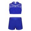 dPois Kids Girls 2 Piece Dance Outfit Floral Lace Tank Dance Crop Top Bra and Ballet Shorts Gymnastics Boyshorts Set Blue 12-14 view 1