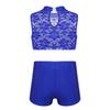 dPois Kids Girls 2 Piece Dance Outfit Floral Lace Tank Dance Crop Top Bra and Ballet Shorts Gymnastics Boyshorts Set Blue 12-14 view 2