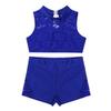 dPois Kids Girls 2 Piece Dance Outfit Floral Lace Tank Dance Crop Top Bra and Ballet Shorts Gymnastics Boyshorts Set Blue 12-14 view 3