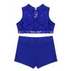 dPois Kids Girls 2 Piece Dance Outfit Floral Lace Tank Dance Crop Top Bra and Ballet Shorts Gymnastics Boyshorts Set Blue 12-14 view 4