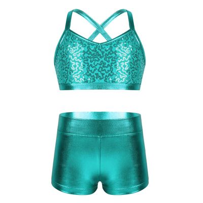 dPois Kids Girls Dance Outfit Strappy Crop Top Sequin Dance Tank and Shiny Metallic Shorts Set Hip Hop Streetwear Lake_Blue 12-14 Years