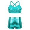 dPois Kids Girls Dance Outfit Strappy Crop Top Sequin Dance Tank and Shiny Metallic Shorts Set Hip Hop Streetwear Lake_Blue 12-14 Years view 2