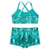 dPois Kids Girls Dance Outfit Strappy Crop Top Sequin Dance Tank and Shiny Metallic Shorts Set Hip Hop Streetwear Lake_Blue 12-14 Years view 4