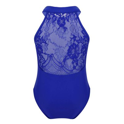 Agoky Girls Floral Lace Ballet Dance Leotard Turtle Neck Retro Gymnastics Unitard Biketard Training Practice Outfit Dancewear Blue (Halter Lace Back) 5-6 Years