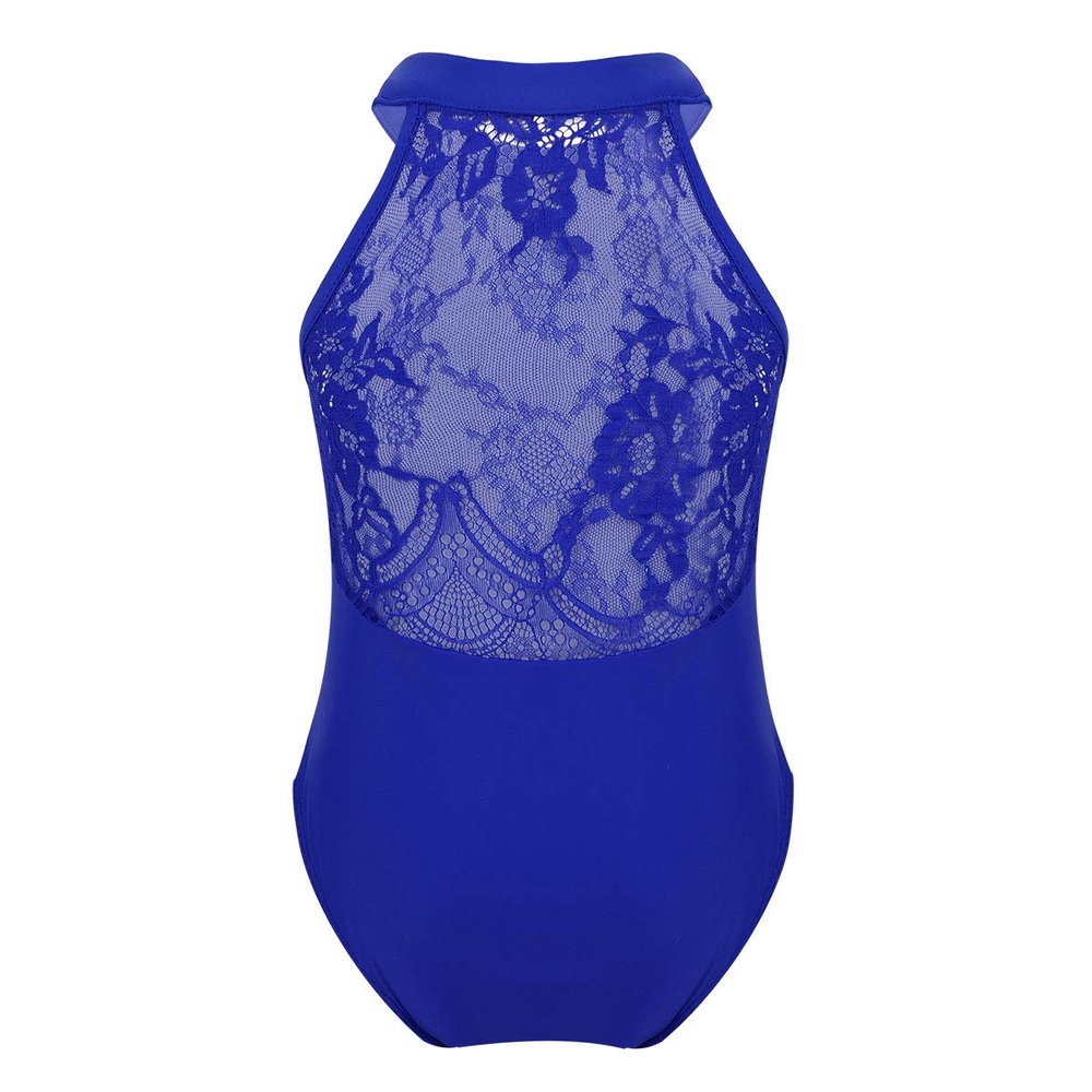 Agoky Girls Floral Lace Ballet Dance Leotard Turtle Neck Retro Gymnastics Unitard Biketard Training Practice Outfit Dancewear Blue (Halter Lace Back) 5-6 Years
