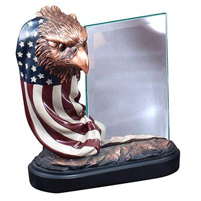 SHOP AWARDS AND GIFTS Customizable 7 Inch Height Antique Bronze Eagle Head on American Flag Base with Glass Insert, Includes Personalization