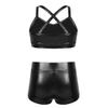 dPois Kids Girls Dance Outfit Strappy Crop Top Sequin Dance Tank and Shiny Metallic Shorts Set Hip Hop Streetwear Black 8-10 Years view 2