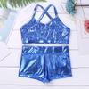 Agoky Kids Girls' Top and Booty Shorts Ballet Dance Gymnastics Sports Leotard or Swimwear Swimming Costumes Light_Blue Shiny 5-6 view 3