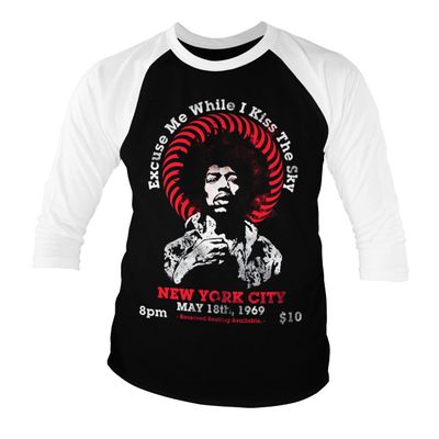 Jimi Hendrix Officially Licensed Live in New York Baseball 3/4 Sleeve T-Shirt (White-Black), Small