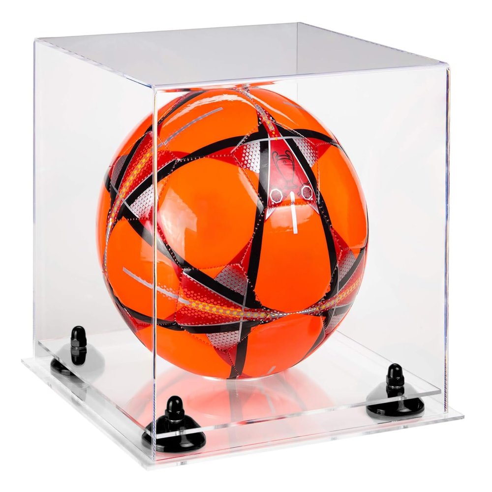 Better Display Cases Acrylic Display Case for Collectibles, Full Size Soccer Ball Display Case, Black Risers & Clear Base, Handcrafted Showcase Box.DIM;9.75" L x 9.75" W x 9.75" H. (A027-BR)