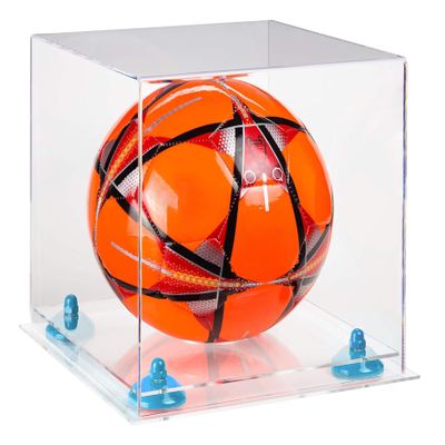Better Display Cases Acrylic Display Case for Collectibles, Full Size Soccer Ball Display Case, Blue Risers & Clear Base, Handcrafted Showcase Box.DIM;9.75" L x 9.75" W x 9.75" H. (A027-BLR)