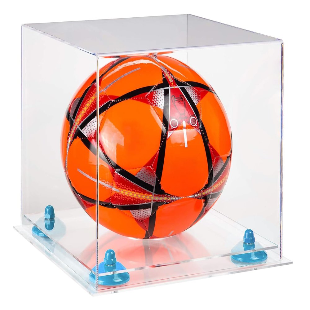Better Display Cases Acrylic Display Case for Collectibles, Full Size Soccer Ball Display Case, Blue Risers & Clear Base, Handcrafted Showcase Box.DIM;9.75" L x 9.75" W x 9.75" H. (A027-BLR)