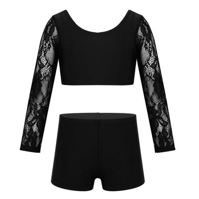 Agoky Girls Two-Piece Active Sports Dance Outfit Lace Crop Top with Bottoms Shorts Dancing Costumes Stage Performance Black 14