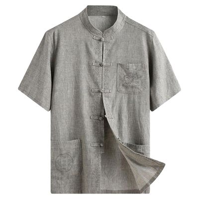 ZooBoo Men 's Tang Suit Summer Short - Traditional China Ancient Costume Male Martial Arts Tangzhuang Kung Fu Short Sleeve Shirt for Men - Cotton and linen (L, Dark gray)