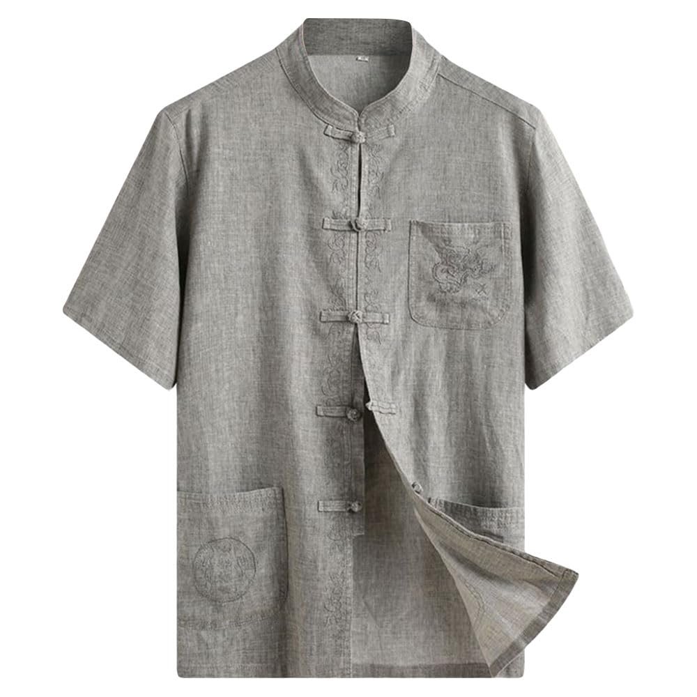 ZooBoo Men 's Tang Suit Summer Short - Traditional China Ancient Costume Male Martial Arts Tangzhuang Kung Fu Short Sleeve Shirt for Men - Cotton and linen (L, Dark gray)