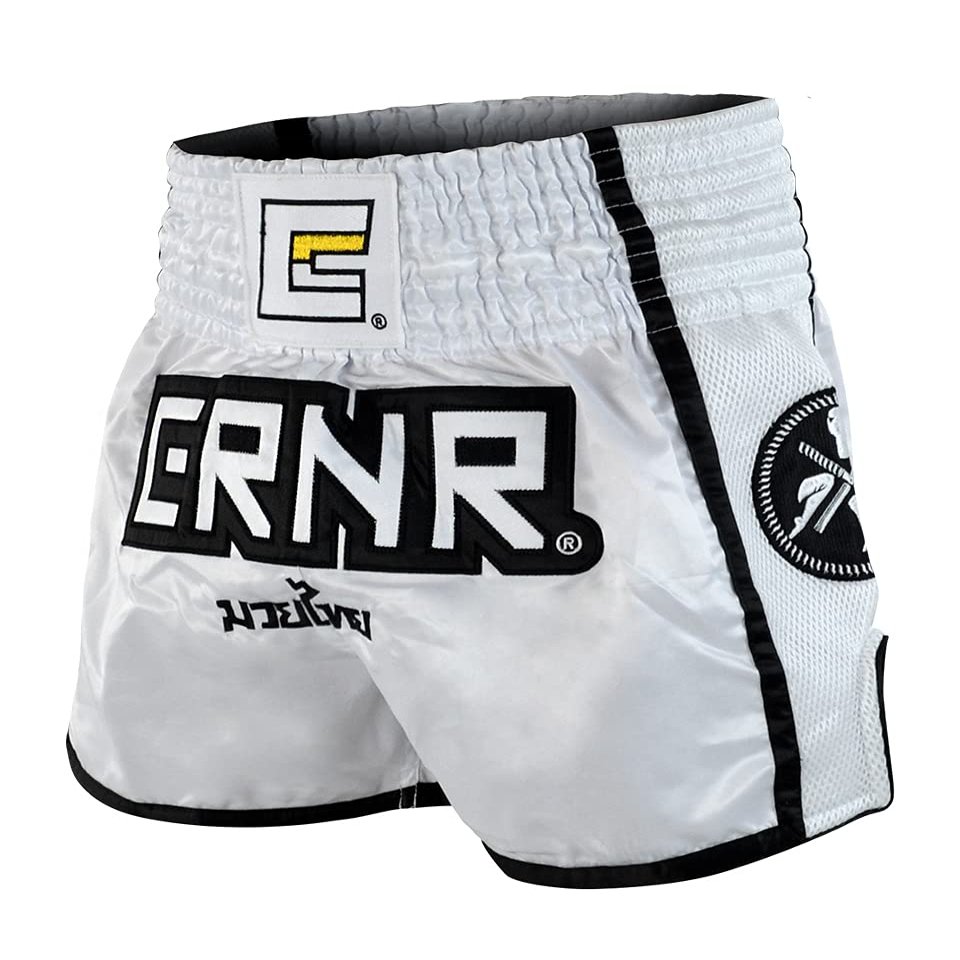 Combat Corner CRNR Muay Thai Shorts | Kickboxing Thai Boxing MMA Training Competition Athletic Shorts | White/Black | Youth Medium